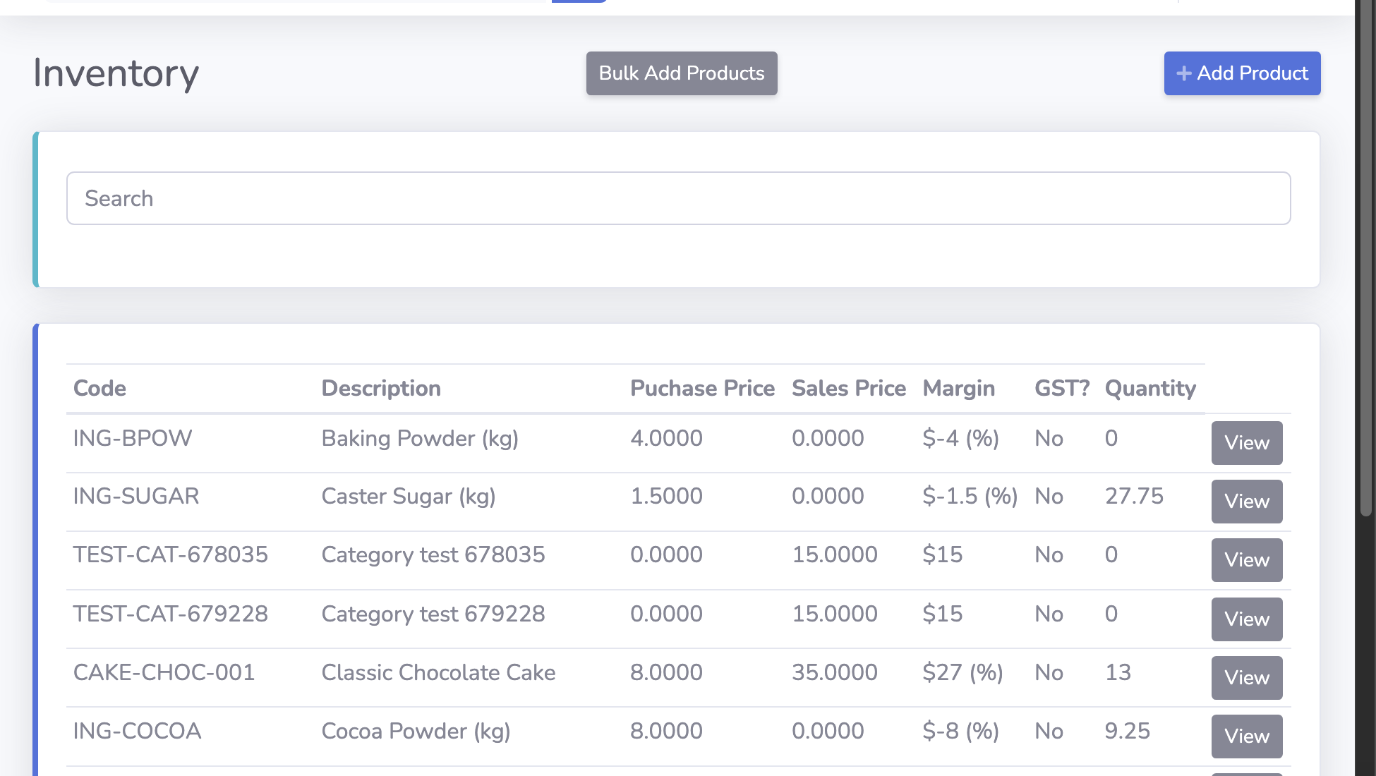 BSimple inventory list showing product codes, descriptions and quantities