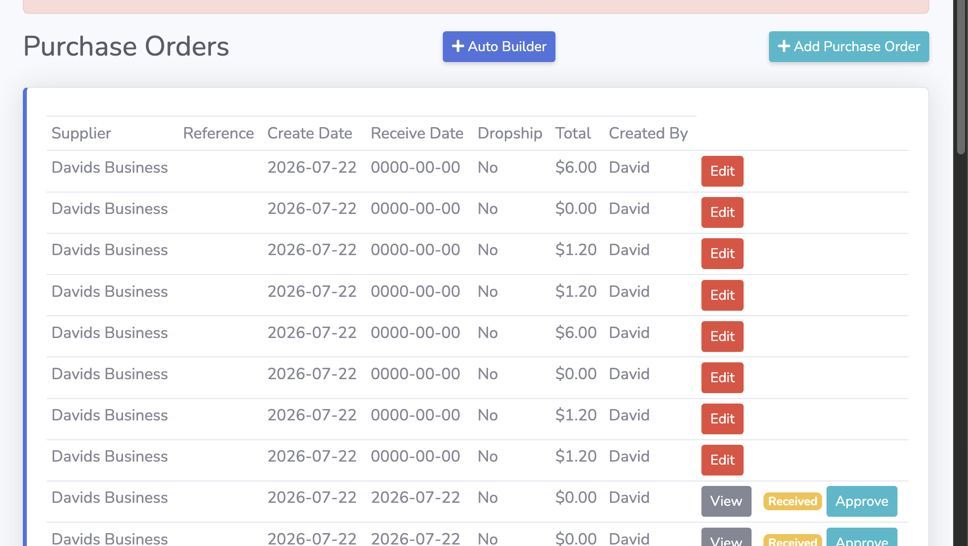 BSimple purchase order list showing suppliers, statuses and totals