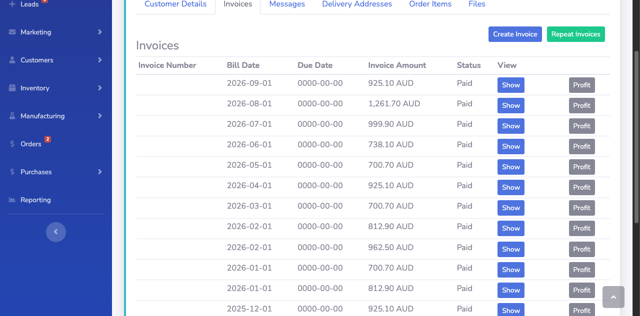 BSimple customer invoice list showing invoice status and accounting actions