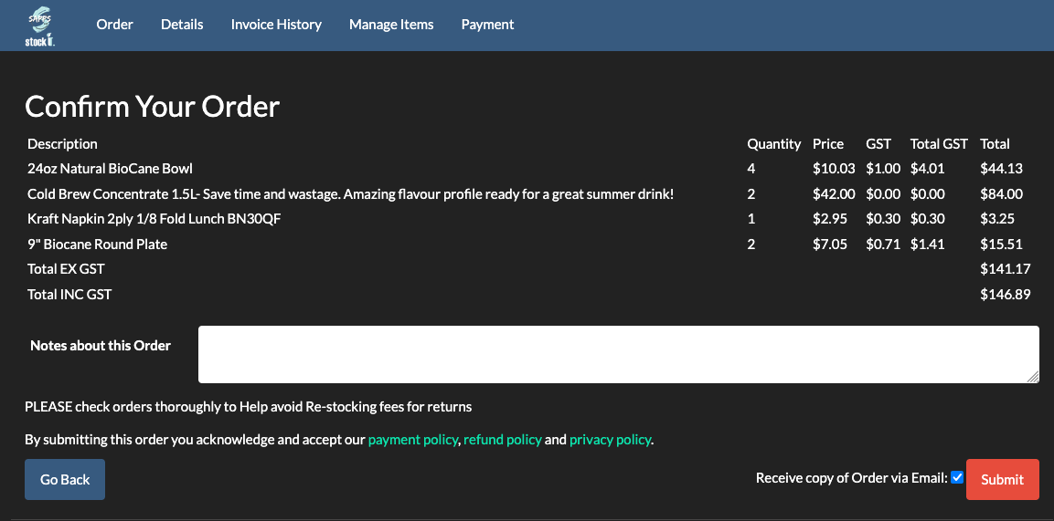 BSimple customer order confirmation showing line items, quantities, totals and submission
