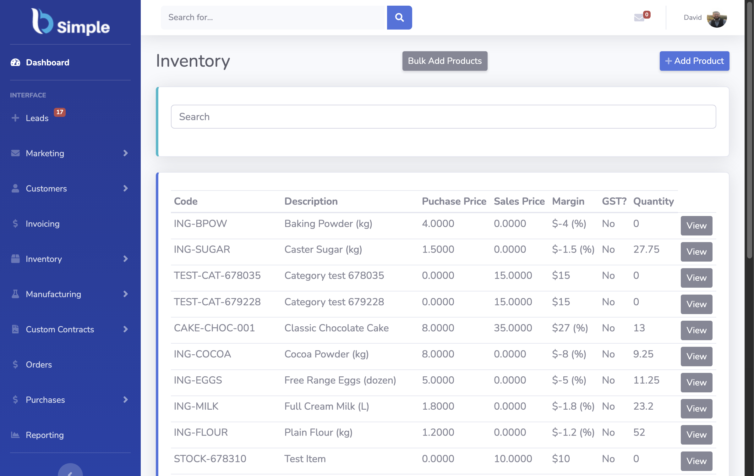 BSimple inventory list showing product codes and quantities