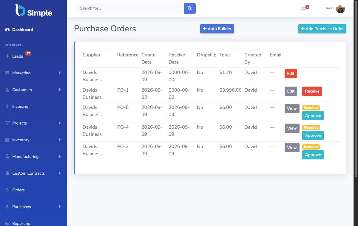 BSimple purchase order list showing suppliers and statuses