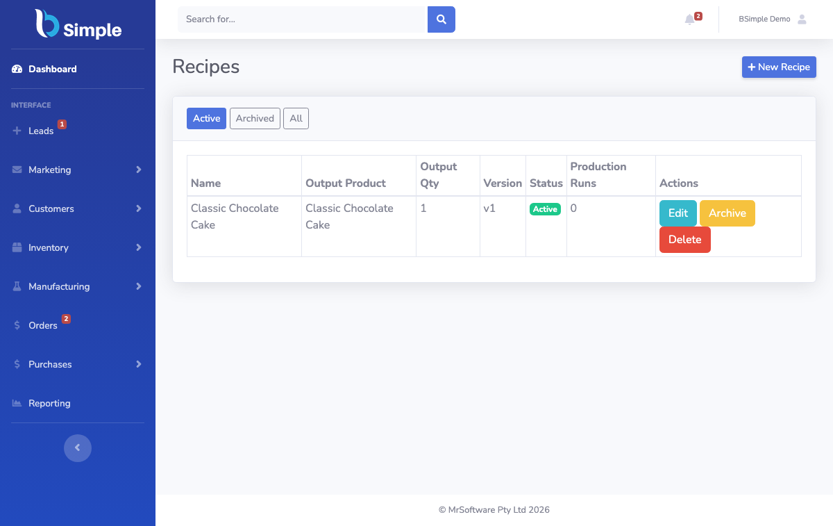 BSimple recipes: multi-level bills of materials for production.
