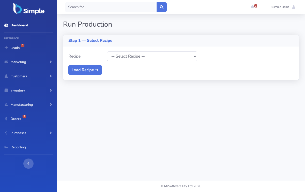 BSimple Run Production wizard at step one, selecting a recipe