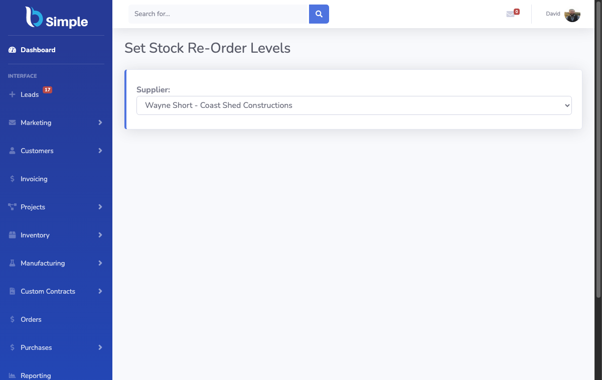 BSimple stock reorder page showing products and reorder levels