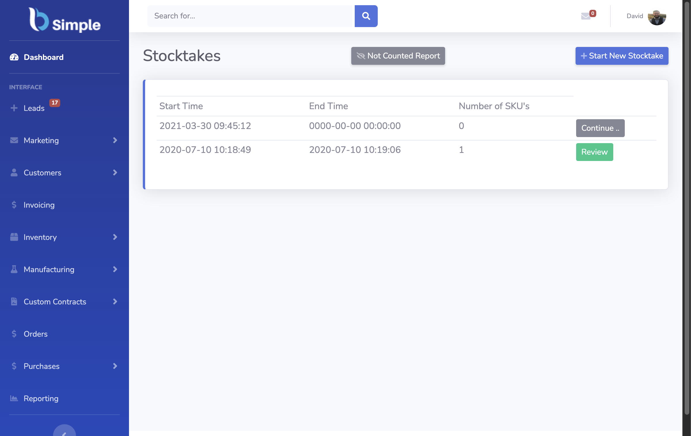 BSimple Stocktakes screen showing start and review controls and SKU counts